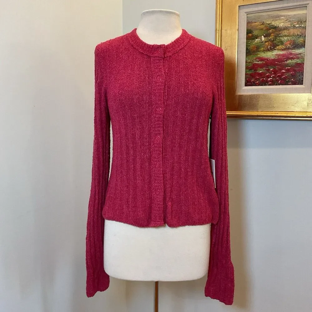 RE/DONE Terry Ribbed‎ Cardigan Dragonfruit Pink Sweater Size Medium NWT $350